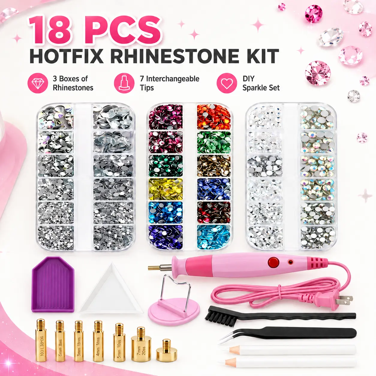 Rhinestone Setter Kit - Bedazzle Custom Clothes in Seconds - 7 Interchangeable Copper Tips - 18Pcs Complete Set