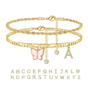 New 2025 New 2Pcs Stainless Steel Initial Anklet Set For Women 26 Letter Acrylic Butterfly Charm Chain On Foot Summer Ankle Bracelet Jewelry Christmas Birthday Gifts Gifts