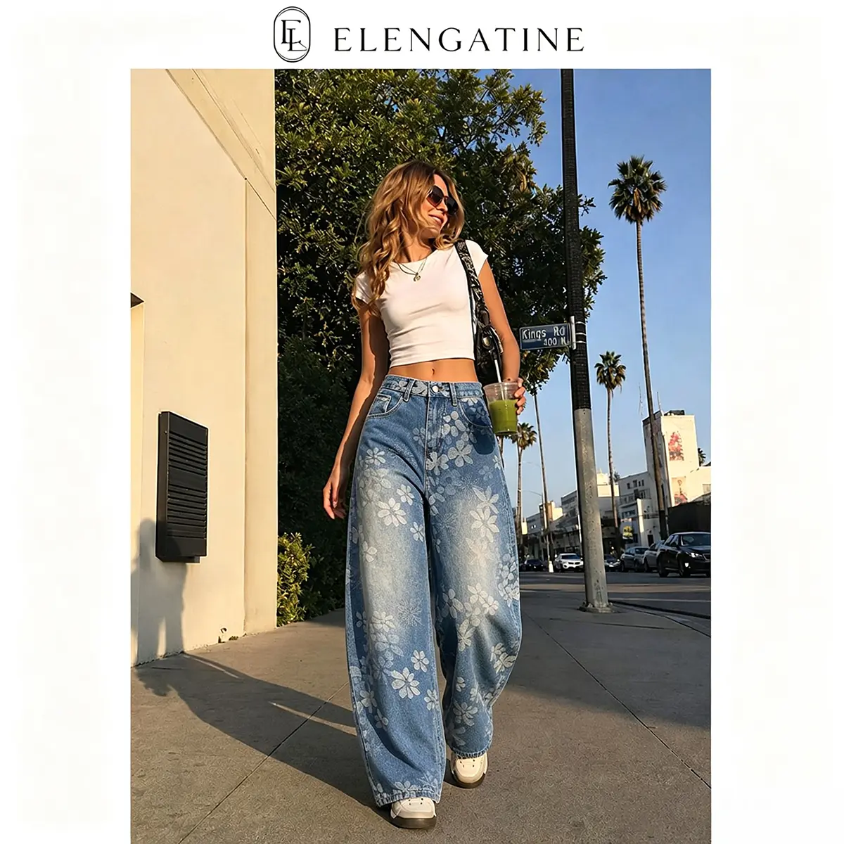 Elengatine Women's High-Waisted Floral Barrel Jeans, Vintage Washed Baggy Denim Pants with Curved Wide Legs and Classic Pockets, Casual Y2K Streetwear Jeans for Spring, Fall, Travel, Weekend, Concerts, Daily Wear, Going Out and Trendy Retro Outfits