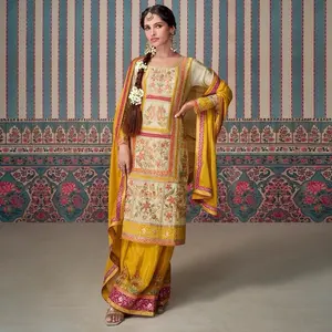 Mustard Palazzo Suit Silk Embroidered Dupatta Jacquard Lace Size 44 Long Sleeve Premium Simar Silk with Pure Viscose Ideal for Weddings Festive Events