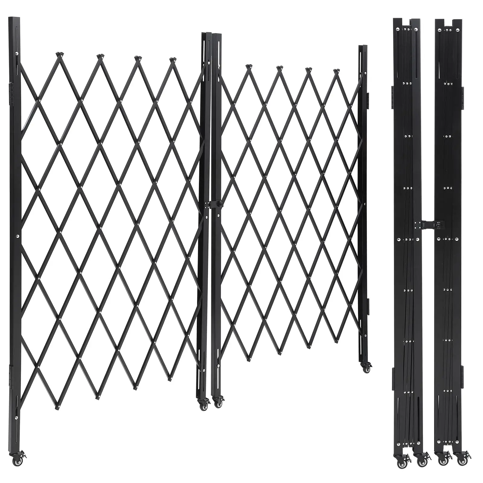 GARVEE Double Folding Steel Security Gate, 85" H x 150" W, 360° Rolling Casters, Padlock Hasp, Black Powder Finish, Home & Industrial Use