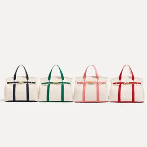 Canvas Tote Bag for Women, Structured Top Handle Handbag with Contrast Trim and Gold-Tone Turn-Lock Detail for Work and Shopping