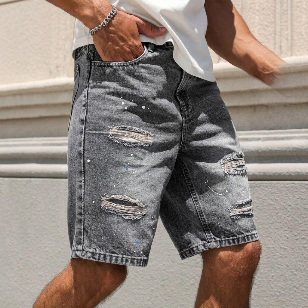 Men's Baggy Distressed Denim Shorts Paint Splatter Elastic Waist Mid Length Non-Stretch Casual Streetwear Jorts