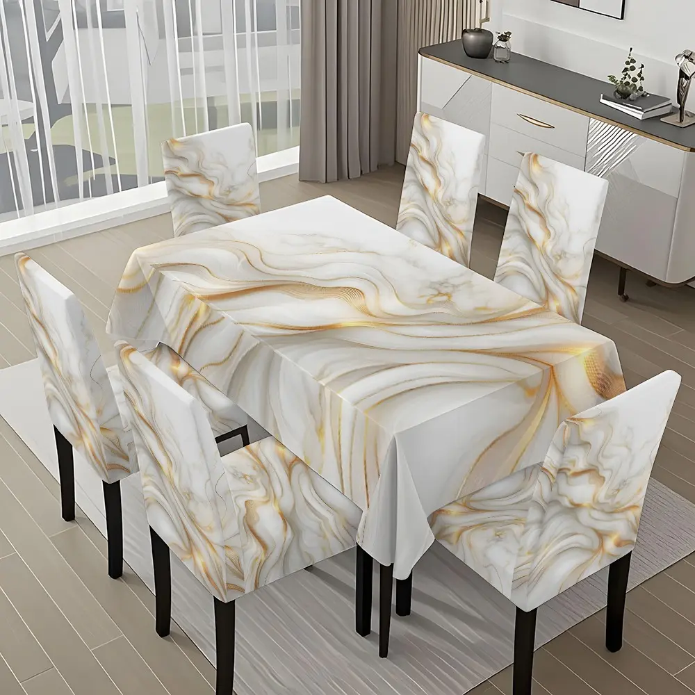 5/7-piece 2D Flat Printing White and Gold Curved Texture Printing Pattern Tablecloth and Universal Chair Cover Set, Tablecloth Chair Covers, for dining table and chair decoration, perfect for home, holiday gatherings, restaurants, and parties.