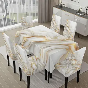 5/7-piece 2D Flat Printing White and Gold Curved Texture Printing Pattern Tablecloth and Universal Chair Cover Set, for dining table and chair decoration, perfect for home, holiday gatherings, restaurants, and parties.