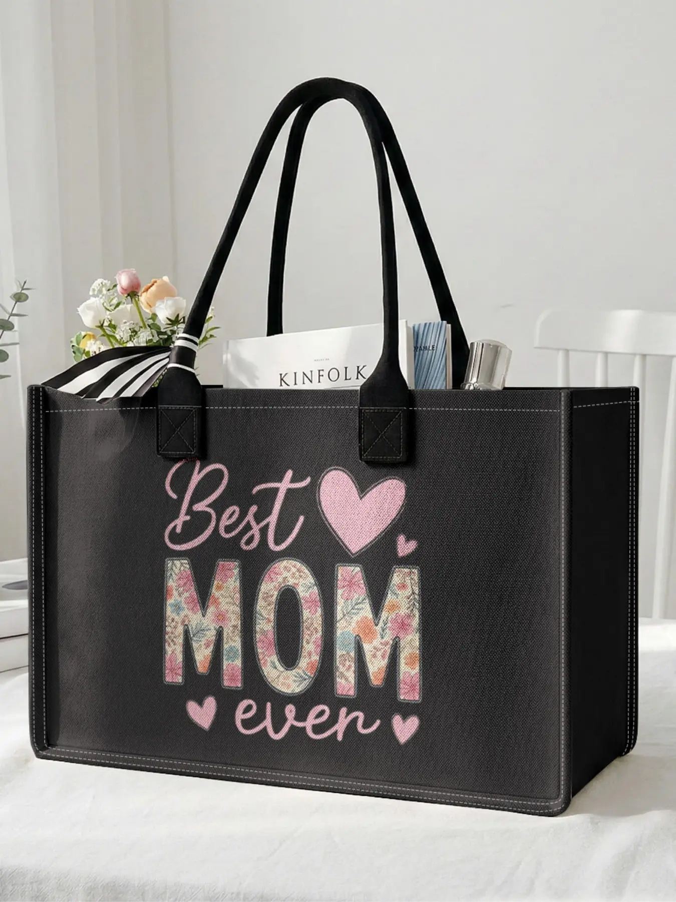 1 piece of heart letter 'Best Mom' 2D printed large capacity storage tote bag, extra large storage bag, sturdy handle, space-saving multi-purpose, suitable for going to school, traveling, shopping