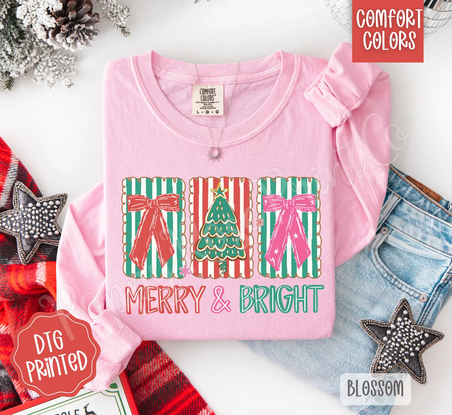 Coquette Merry & Bright Comfort Colors Long Sleeve T-Shirt, Cute Women's Christmas Tee