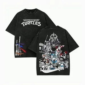 Vintage Black Washed TMNT T-Shirt, Hoodie, Front "Turtles" Logo & Side Weapon Flags + Back Full TMNT & Shredder Print, Oversized Unisex  Graphic Tee for Retro Anime Fans & Street Style WAE