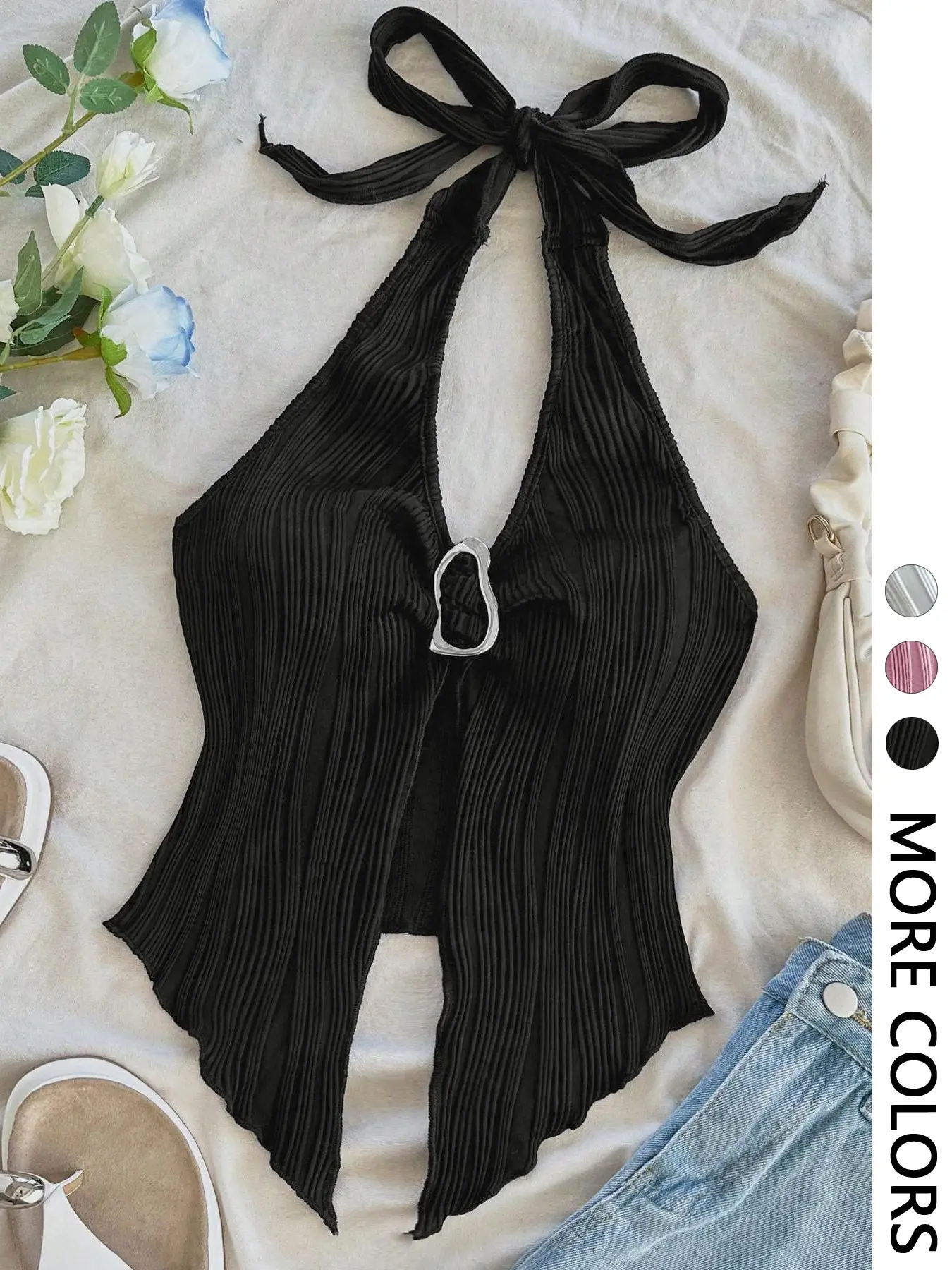 Women's Casual Chic Necktie Metal Buckle Fitted Asymmetrical Hem Camisol Camisole Halter Sexy Womenswear Tops for Commute Date Valentine's Day Beach