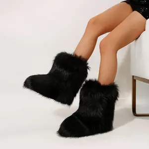 Women's Fuzzy Faux Plush Booties Slip - on Style Fuzzy Fluffy Mid Calf Snow Boots Perfect for Indoor and Outdoor Shoes
