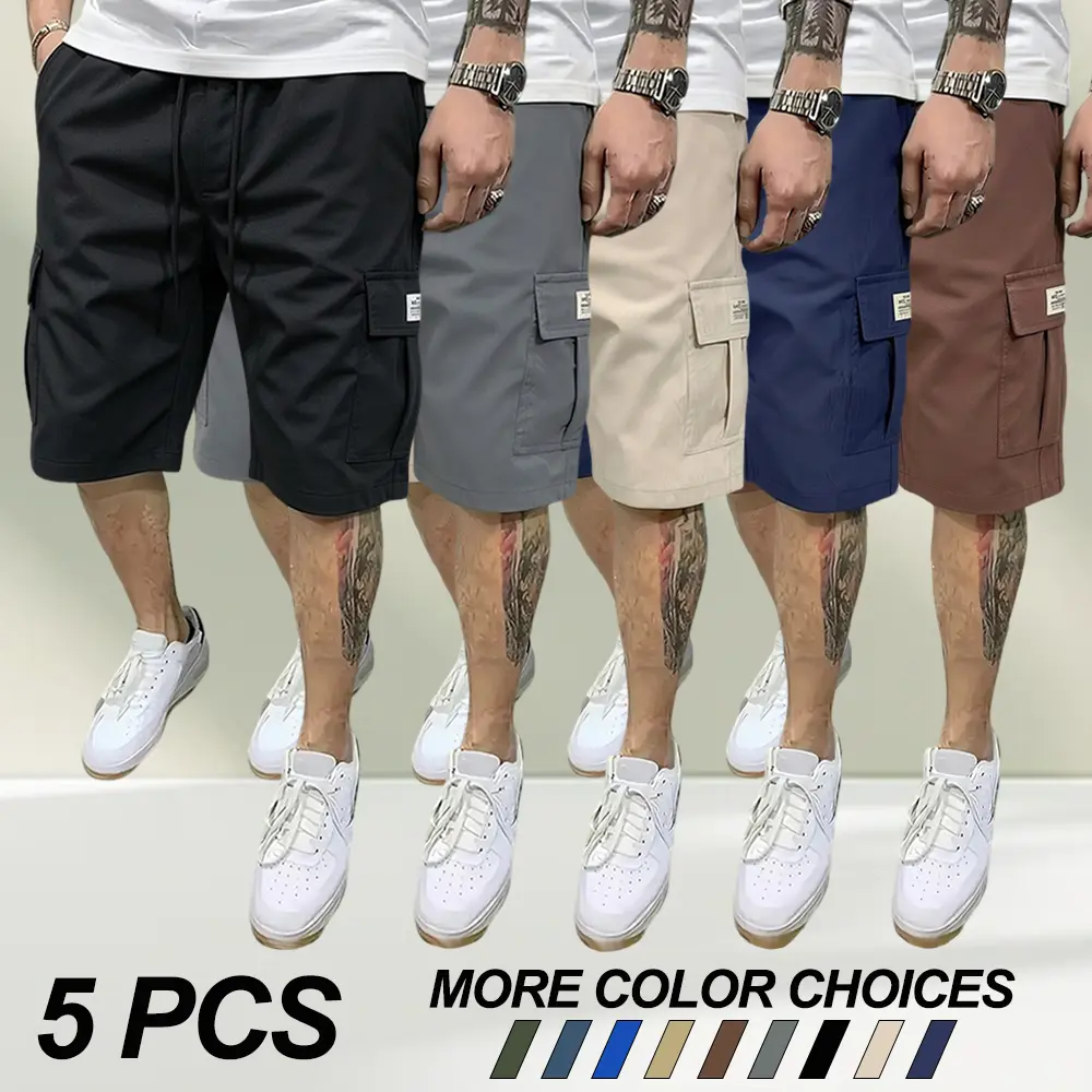 Summer men’s quick-dry cargo shorts, available in 3-pack and 5-pack sets, featuring multiple pockets and an adjustable elastic drawstring, suitable for everyday wear and outdoor travel.