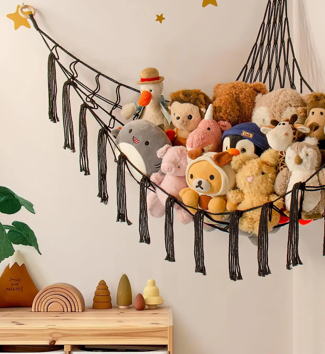 English: Boho Style Woven Toy Hammock, 1 Count Plush Toy Storage Net, Creative Teddy Bear Hanging Organizer for Bedroom Wall Decor, Nursery, Dorm & Corner Storage