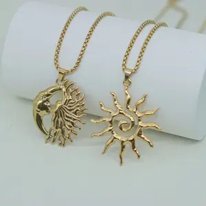 Stainless Steel Crescent Moon Sun Kiss Necklace Titanium Steel Pendant 18K Gold Plated Vacuum Color Lasting Hypoallergenic Jewelry Gift for Women
