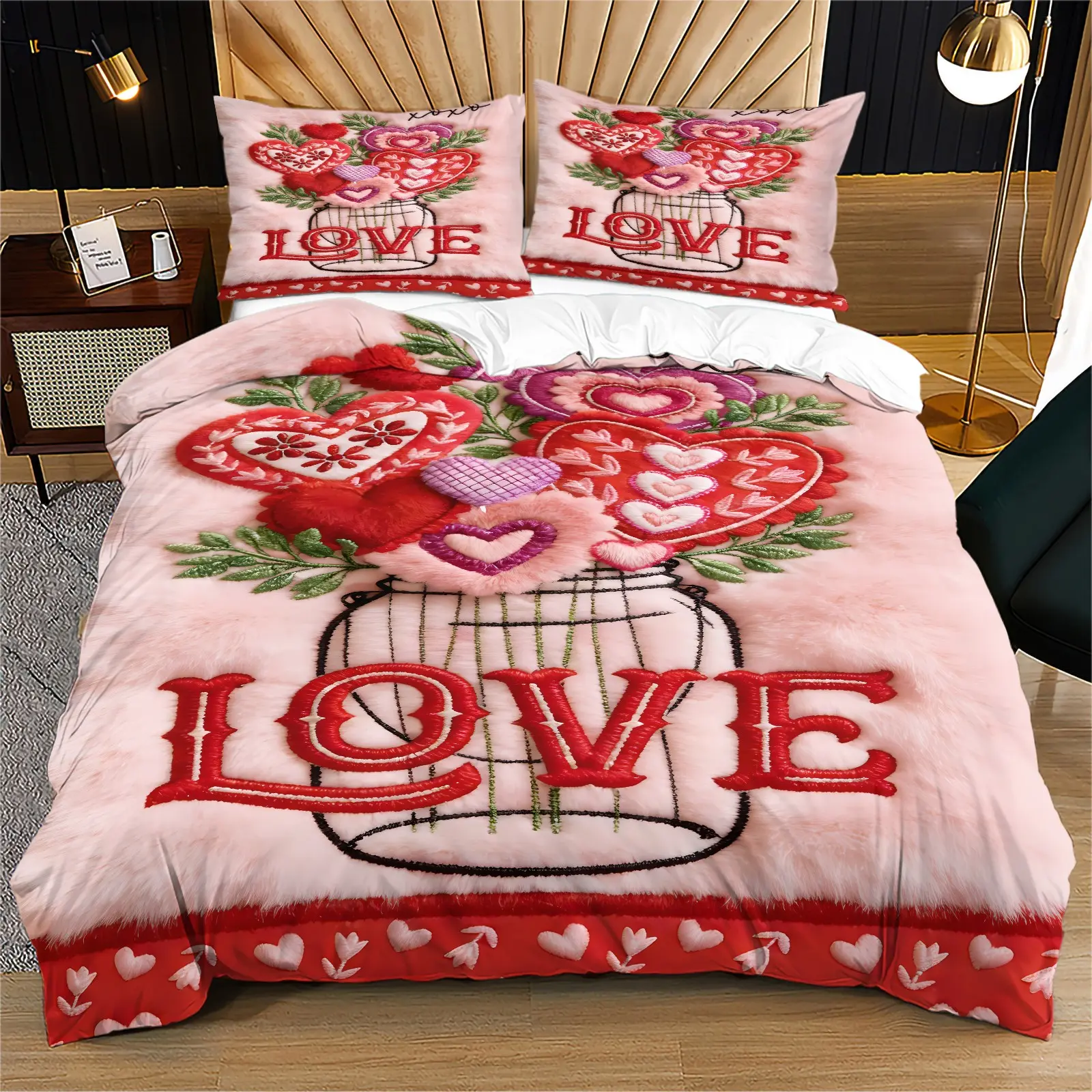 Love Heart Bouquet Embroidered Quilt Set, Romantic Wedding Bedding, Warm Bedroom Decor, Girls' Room Decoration, 1 Piece Comforter + Pillowcases