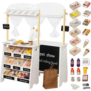 Kids Grocery Store Playset, Pretend Play Store Toy & Wooden Supermarket Shopping Cart with Toy Cash Register, Play Money & Blackboard, 26PCS Food Toys for 3+ year old boys girls toddler baby