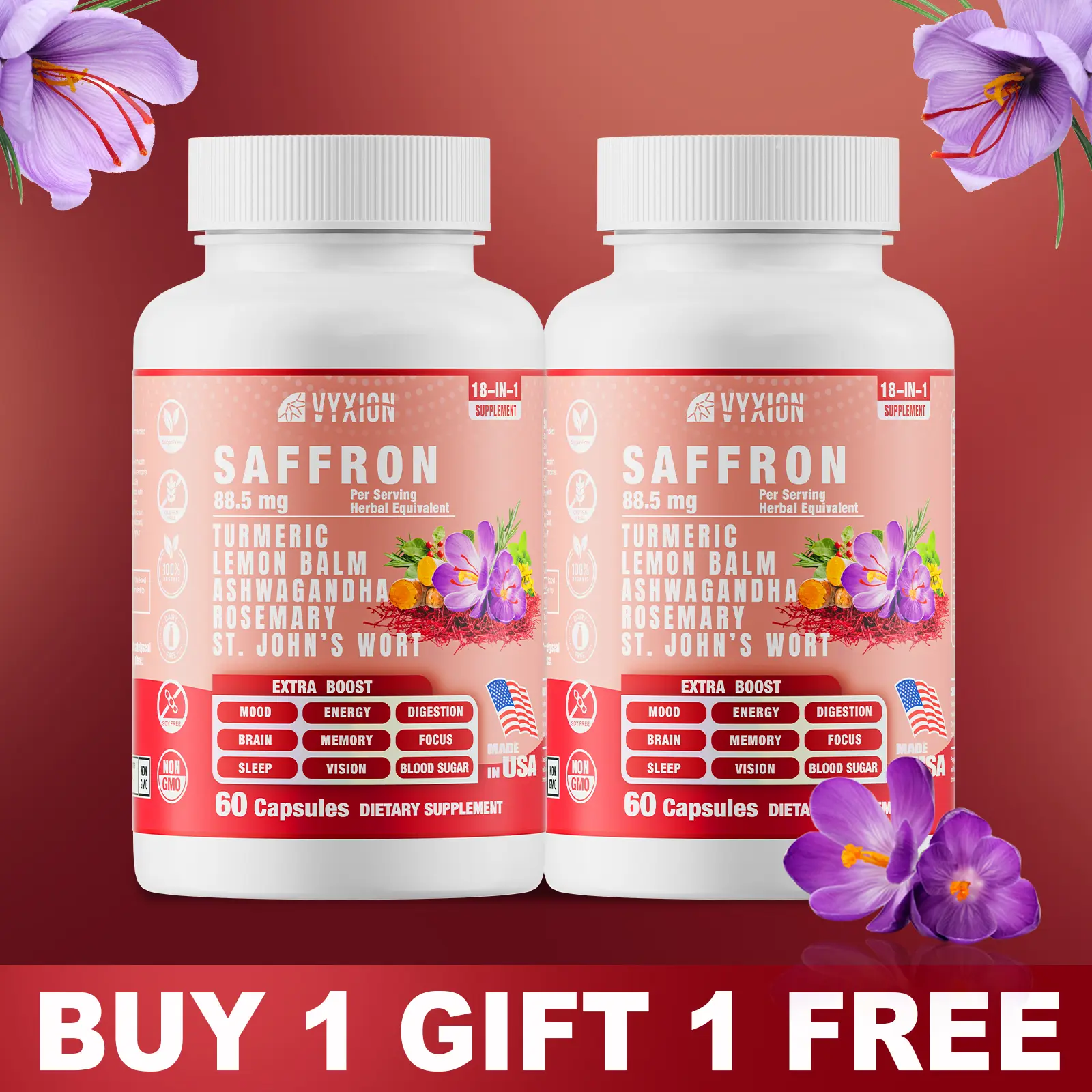 VYXION BOGO Saffron 18-IN-1 Saffron Extract Complex Blend with Turmeric & Ashwagandha for Mental Clarity, Focus & Stress Support, Boost Energy & Mood, Support Eye Health - 60 Capsules