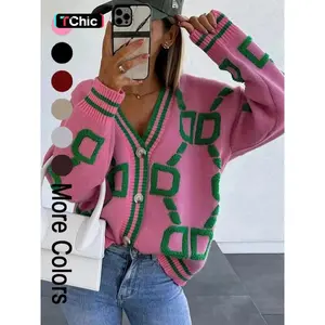 tChic Women's Colorblock V-Neck Cardigan Pink & Green Drop Shoulder Long Sleeve Knit for Fall Knitwear Polyester Tops Bridal Casual