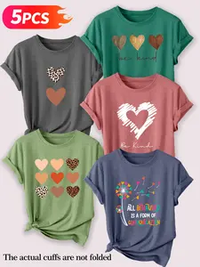 Women's Casual Round Neck T-Shirt Set, Leopard & Heart Print Short Sleeve Tees for Spring & Summer, Daily Wear Women's Casual Round Neck T-Shirt Set, Leopard & Heart Print Short Sleeve Tees for Spring & Summer, Daily Wear