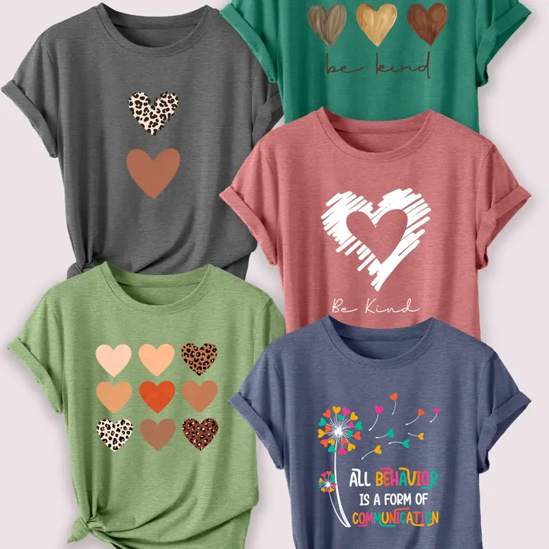 Women's Casual Round Neck T-Shirt Set, Top, Cute Tops For Summer, Leopard & Heart Print Short Sleeve Tees for Spring & Summer, Daily Wear, Everyday