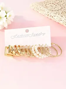 Exaggerated Big Circle Hoop Earrings, Pearled Wrap, Plating, Sterling Silver C Design, 6-Pairs Golden Jewelry Set, Earring Stacking Set