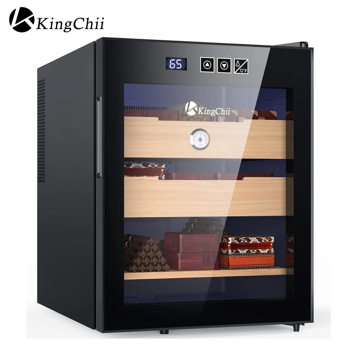 KingChii 48L Modern Electric Cabinet, 350-Capacity Spanish Cedar Wood Humidor with Manual Thermometer Dial & Temp Control, Freestanding