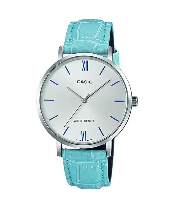 Casio Women’s Silver Dial Light Blue Leather Strap Watch - LTP-VT01L-7B3UDF