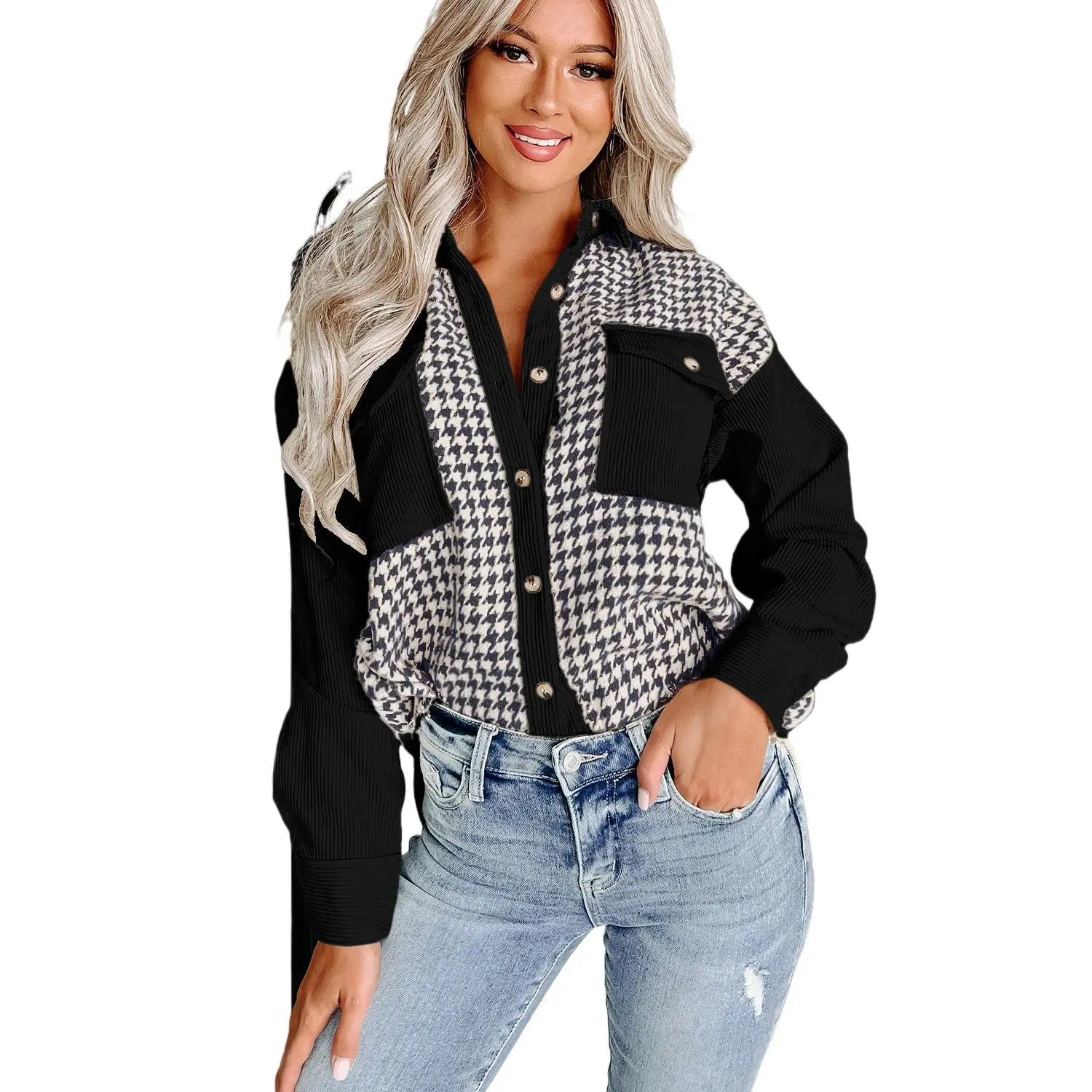 Women's Black Houndstooth Corduroy Patchwork Flap Pocket Shacket