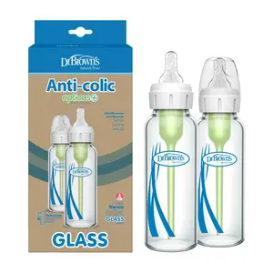 Dr. Brown's Anti-Colic Options+ Narrow Glass Baby Bottle 8 Oz/250 Ml with Level 1 Slow Flow Nipple BPA Free 0M+ 2 Pack