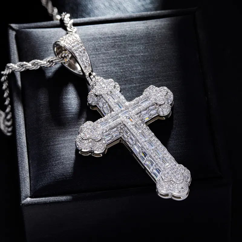 HELLOICE Micro Pave Baguette Cross Pendant Necklace Full CZ Cross Pendant with 3mm 24" Rope Chain Gift for Men