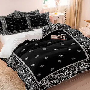 Classic Black-White Paisley Duvet Cover Set, 1 Duvet and 1-2 Coreless Pillowcases, Paisley Pattern Border Square Scarf Design, Soft Comfortable Bedding, American Vintage Street Style Bedroom Decor, Gift Choice