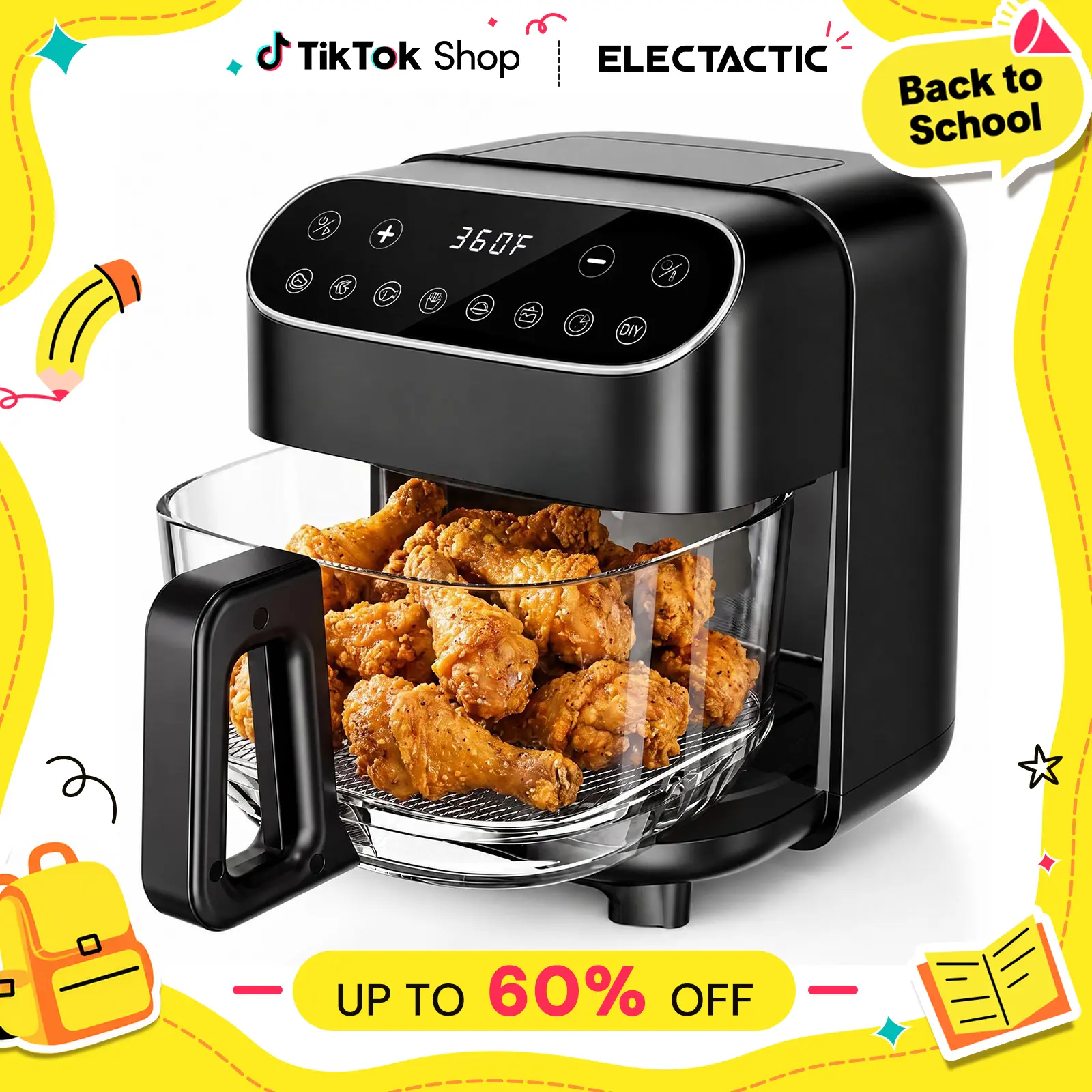 【BackToSchool】Electactic 5QT Cap. Glass Air Fryer with Basket - PFAS-Free, Dishwasher-Safe Basket, 8 Preset Touchscreen, 360° View Cooking, Easy to Use Fryers, Glass Bowl, for Family Use Healthy Meals in Minutes - Black, Touchscreen Ui
