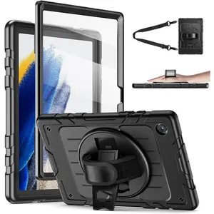 For Samsung Galaxy tablet A8 case 10.5 inch 2022 SM-X200/X205/x207 with screen protector [360 Rotating stand] & hand shoulder strap shockproof rugged protective cover | Black