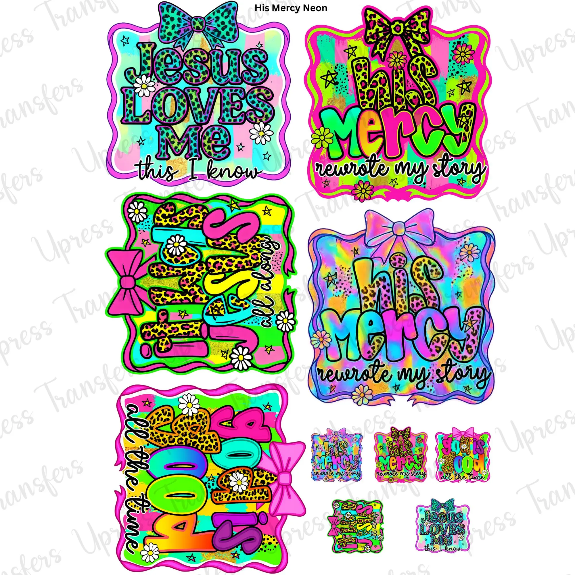 His Mercy Neon DTF Transfer Gang Sheet 24.5" wide x 36" long. Direct To Film Mini Gang Sheet