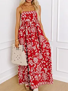 EG fashion Red Floral Spaghetti Strap Empire Waist Maxi Dress