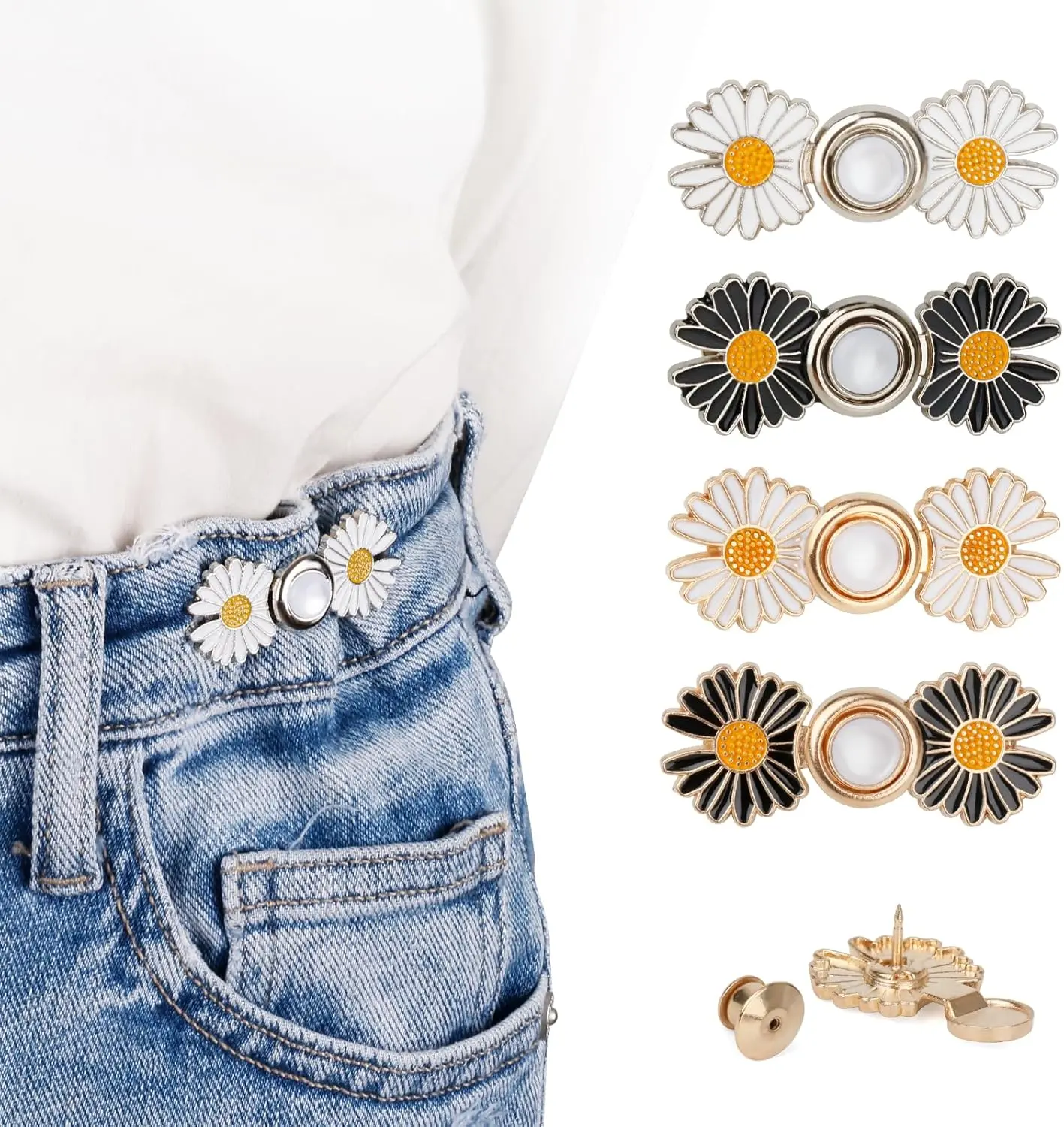 4 Sets Pant Waist Tightener, Detachable Jean Buttons for Loose Jeans, No Sew and No Tools Button Pins for Jeans, Adjustable Jean Buttons Pins, Daisy Flower Instant Pants Button Tightener