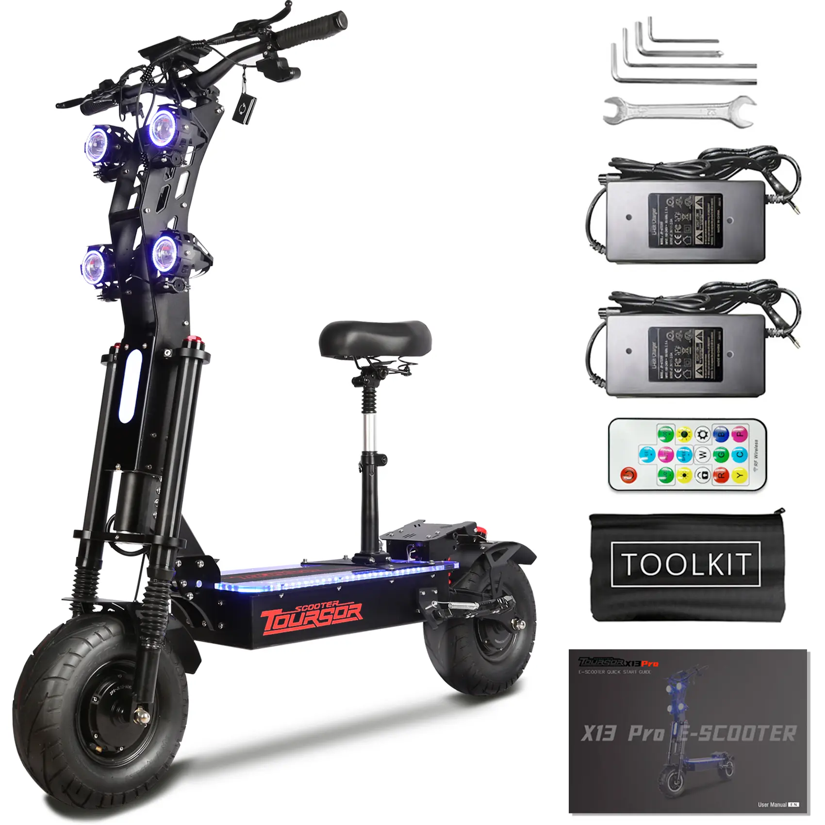 Toursor X1360V Adult Electric Scooter with Seat, 70 Mi Range, Dual Drive 13-In Road Tires, 2-Wheel Drive Kick Scooter for Commuting