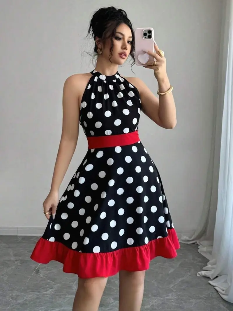 knee length dresses for ladies Delamere Mini Dress Red Polka main image 0