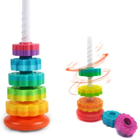Round Colorful Rainbow Rotating Stacking Blocks Puzzle Shape Sorter Kids Toy - BPA-Free ABS Plastic, 10 mm Spacing, Sensory Bump Edges, Spin-to-Watch Fall, Unisex Handheld Educational Fidget Toy for 3+ Years Old Autism-Friendly Gift