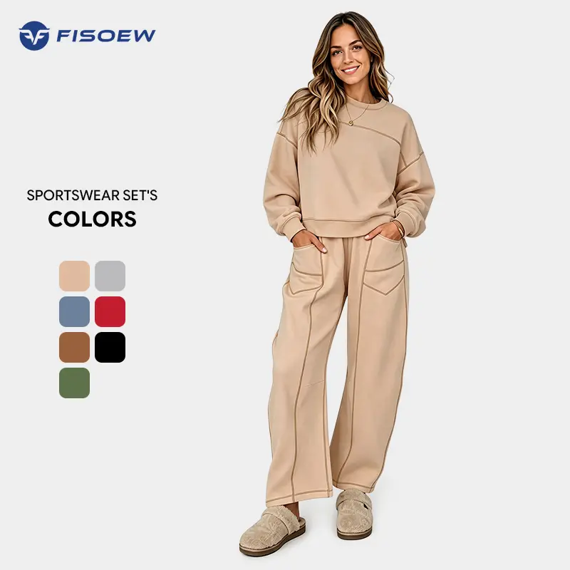 Fisoew Womens 2 Piece Contrast Seams Tracksuit Set Long Sleeve Crew Neck Cropped Sweatshirt & Relaxed Wide Leg Pocket Sweatpants Casual Loungewear SohoChic Sets, Women 2 Piece Sets