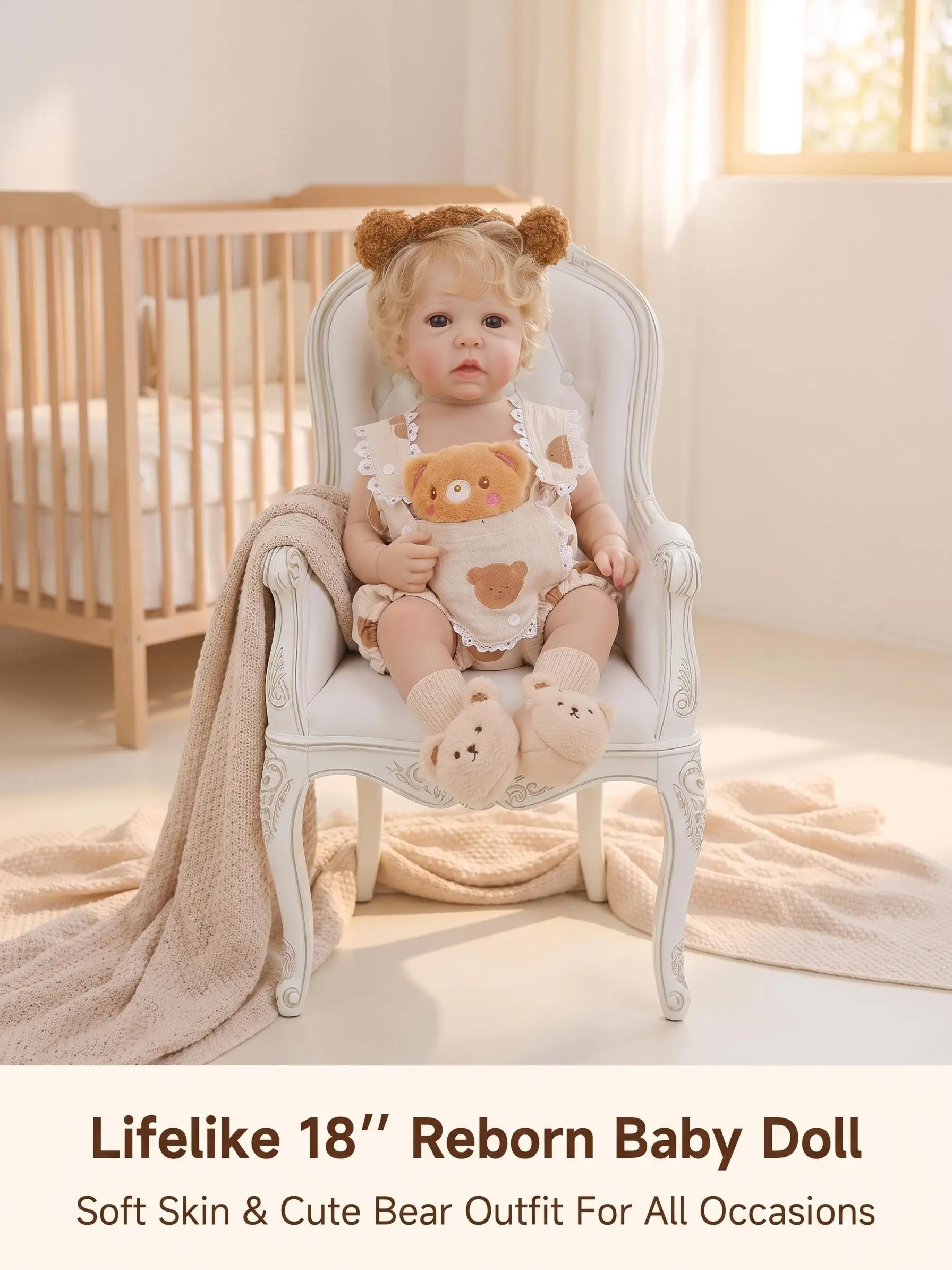 18 Inch Full Body Vinyl Open Eyes Reborn Baby Doll, Khaki Sleeveless Bear Pattern Romper with Lace Trim, Bear Ear Headband & Bear Socks, Reborn Doll CPC Certified Realistic Reborn Baby Doll, Christmas Gift,  Handmade, Collectible, Toy, Gift for Girls