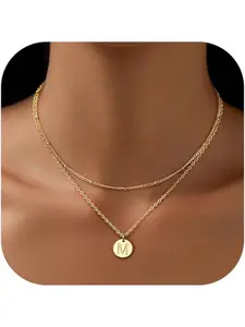 Layered Gold Initial Necklace for Women 14K Gold Plated Letter Pendant Necklace Name Necklace Personalised Necklace Jewelry for Women Girls Gifts Alphabet Detail Pendant