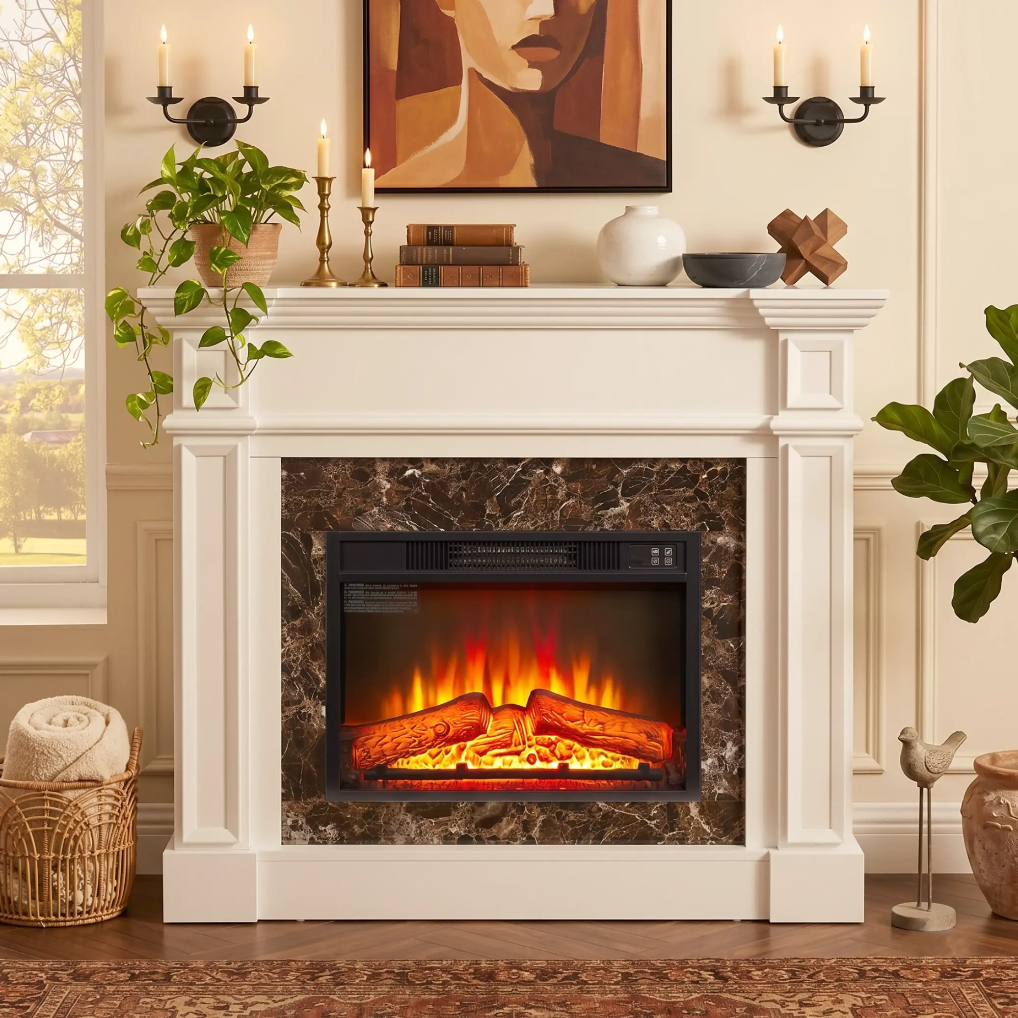 Eyisean 42" & 46" Electric Fireplace with Mantel, Portable Freestanding Wood Stove with Remote Control, 23'' Fireplace Insert,1400W Realistic 3D Flame Stacked Stone Surround