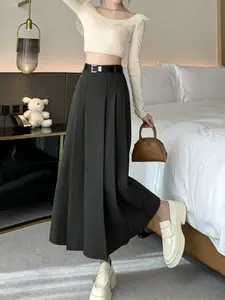 Women's High Waist A-Line Midi Skirt, Spring Summer OL Style Pleated Long Dress, over Knee Umbrella Skirt for Office Wear