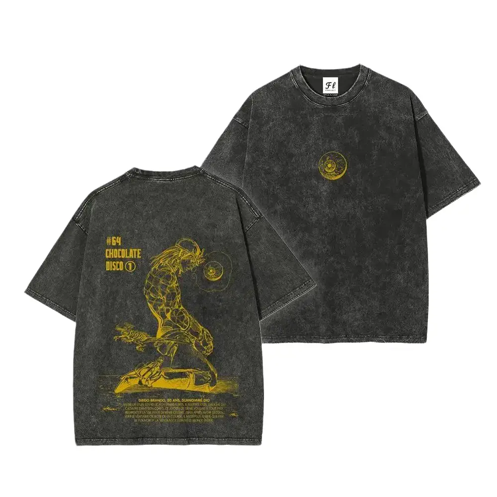 Menswear Oversized Short-Sleeve Vintage Washed Cotton T-Shirt - SBR JJBA Manga Chapter 64 "Chocolate Disco" Diego Brando Graphic, Unisex Steel Ball Run Anime Streetwear for JJBA Fans Classic
