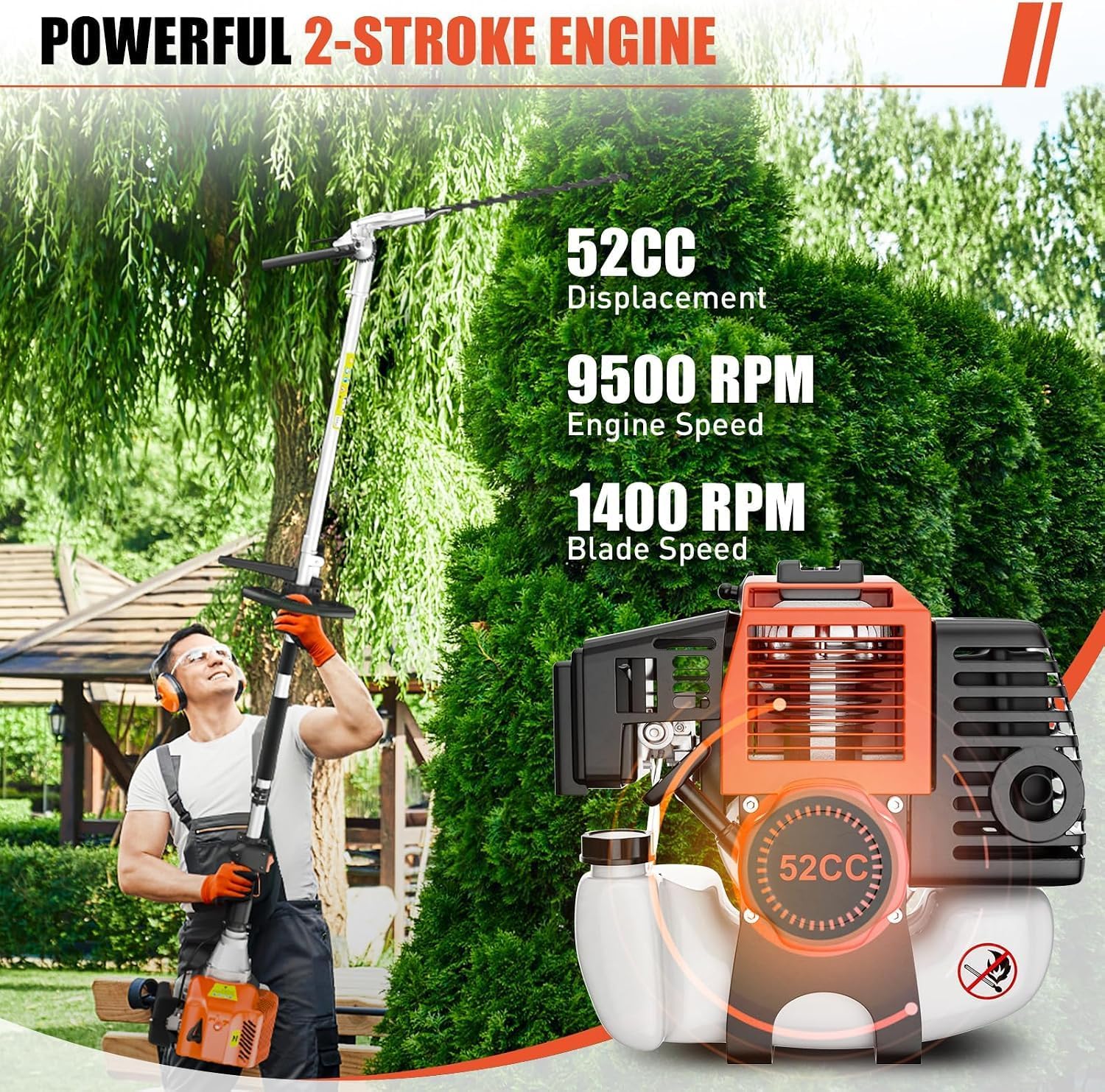 52cc 6-in-1 Gas Powered Pole Saw, 2-Stroke Multi-Function String Trimmer, Weed Wacker, Hedge Trimmer & Brush Cutter for Lawn, Yard, Garden & Landscaping