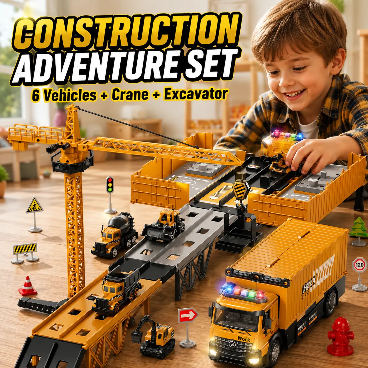 6-in-1 Multifunctional Construction Truck Toy Playset - Crane, 4 Cars, Road Signs, Ejection Track, Remote Control Forklift & Digger - Indoor/Outdoor Backyard Playroom Gift for Birthday Christmas Thanksgiving