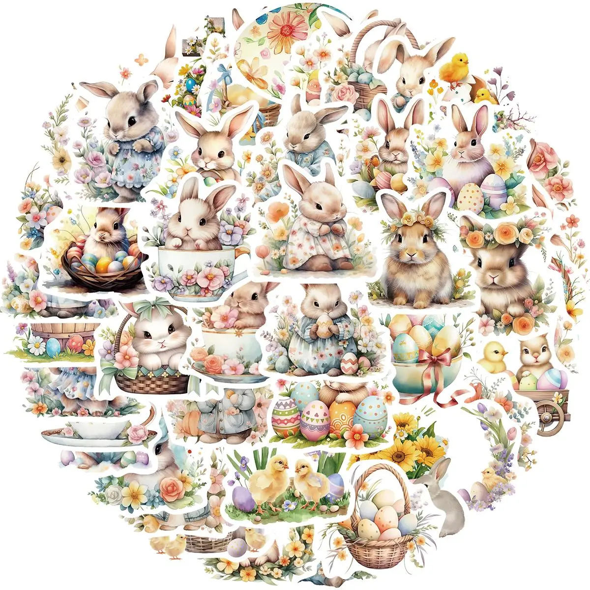 Easter Themed Sticker, 50pcs/set Cute Rabbit & Egg & Flower Pattern Decorative Sticker, DIY Decals for Water Bottle, Laptop, Phone Case, Scrapbooking, Ornaments