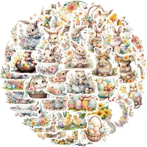 Easter Themed Sticker, 50pcs/set Cute Rabbit & Egg & Flower Pattern Decorative Sticker, DIY Decals for Water Bottle, Laptop, Phone Case, Scrapbooking, Ornaments