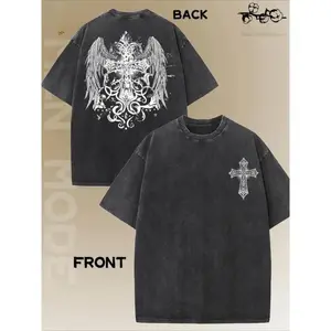 Men's Oversized Cross Print T-Shirt Cotton Casual Street Style Tee with Winged Cross Design Loose Fit Short Sleeve Summer Top Machine Washable Street Style Clothing