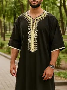 Muslim Men's Thobe Moroccan Style Ethnic Embroidered Islamic Clothing, All Seasons Wear, Festival Party Ramadan Gift, Loose-Fitting